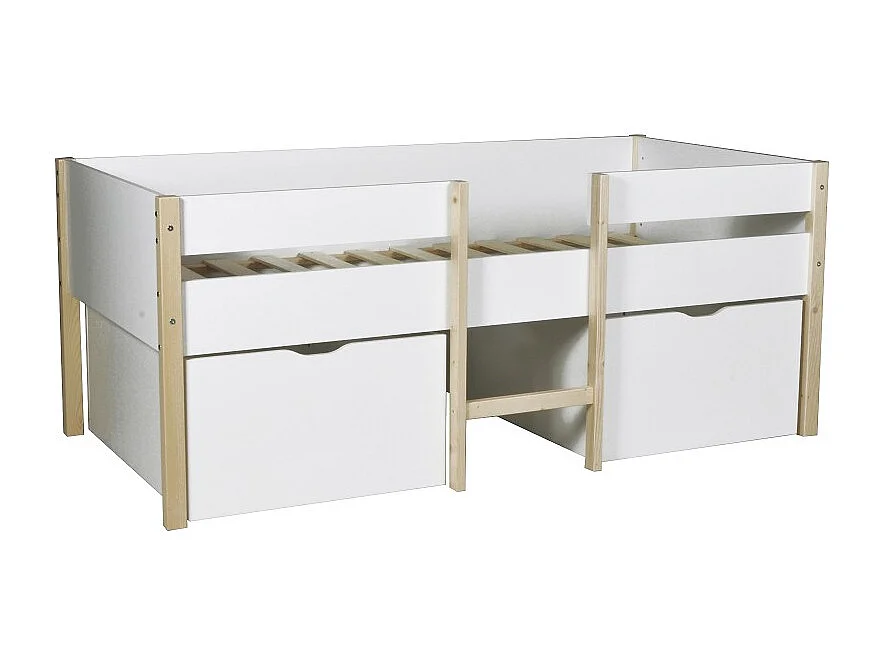 Lit mi-hauteur ZEPHIR 90x200 + 2 grands tiroirs + sommier / Blanc & vernis naturel