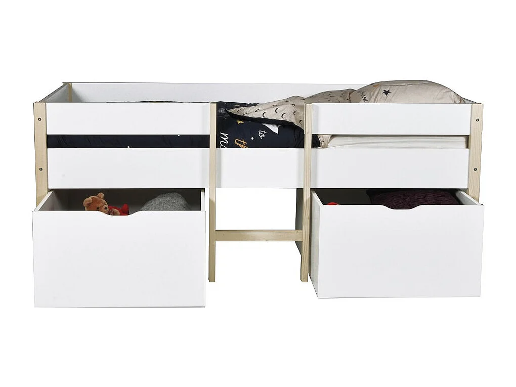 Lit mi-hauteur ZEPHIR 90x200 + 2 grands tiroirs + sommier / Blanc & vernis naturel
