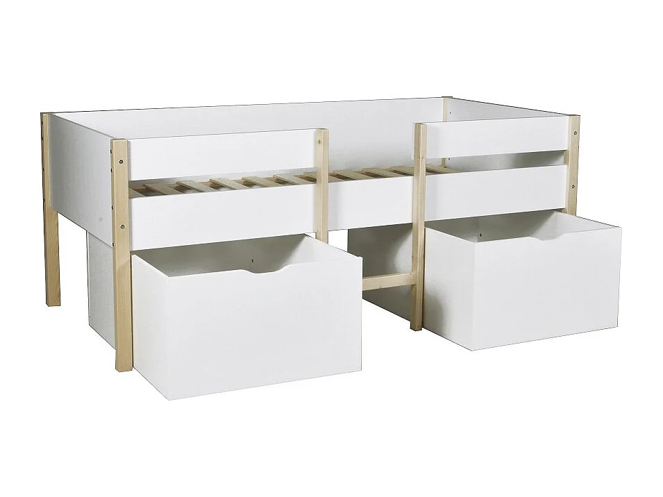 Lit mi-hauteur ZEPHIR 90x200 + 2 grands tiroirs + sommier / Blanc & vernis naturel
