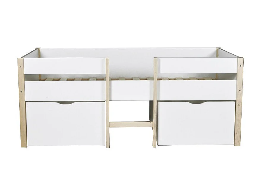 Lit mi-hauteur ZEPHIR 90x200 + 2 grands tiroirs + sommier / Blanc & vernis naturel