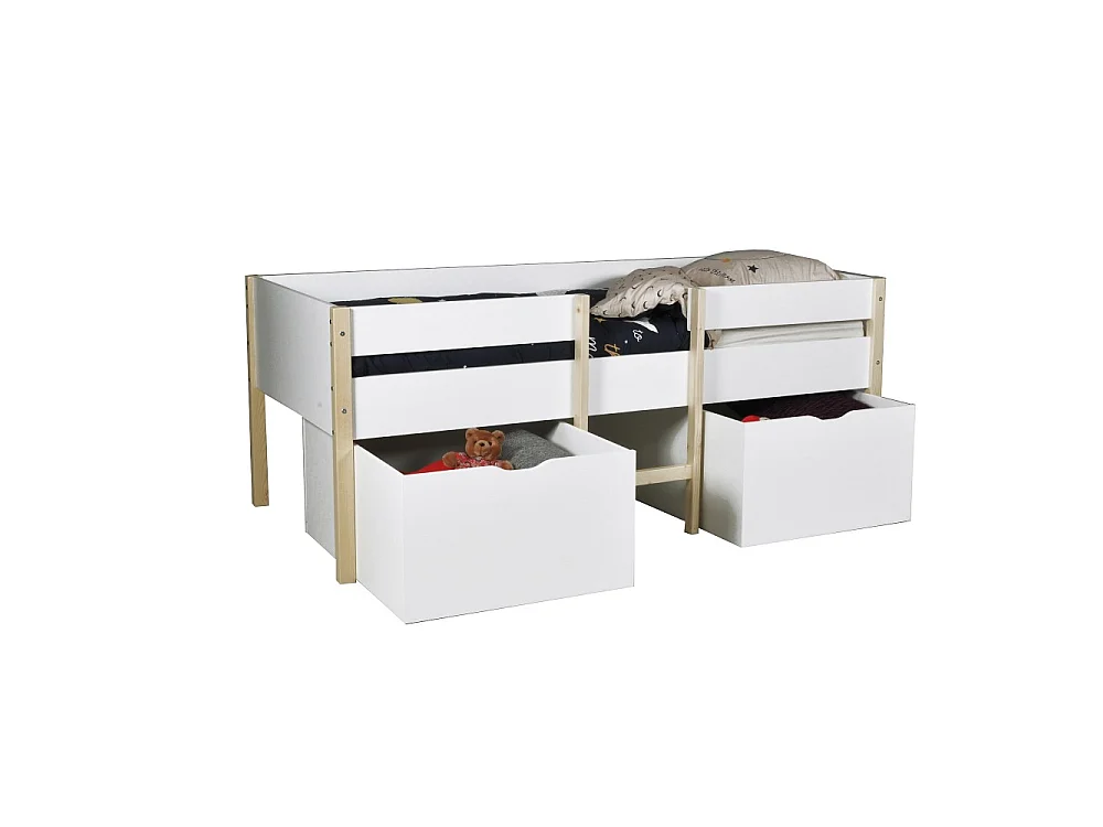 Lit mi-hauteur ZEPHIR 90x200 + 2 grands tiroirs + sommier / Blanc & vernis naturel