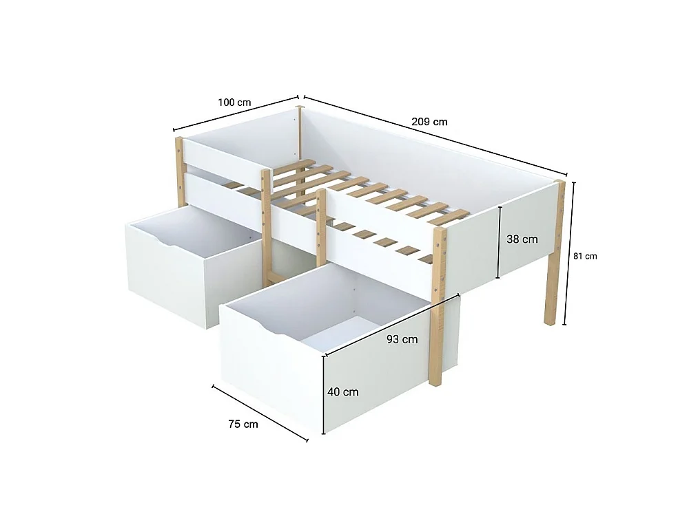 Lit mi-hauteur ZEPHIR 90x200 + 2 grands tiroirs + sommier / Blanc & vernis naturel