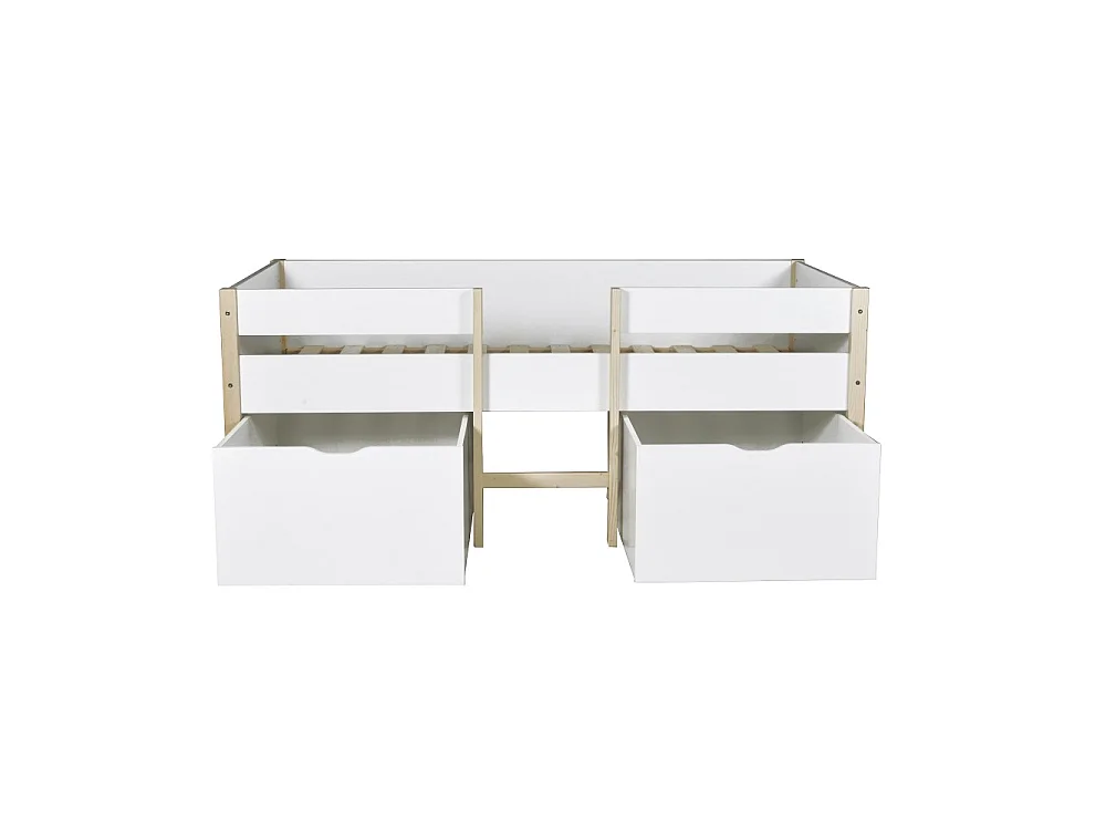 Lit mi-hauteur ZEPHIR 90x200 + 2 grands tiroirs + sommier / Blanc & vernis naturel