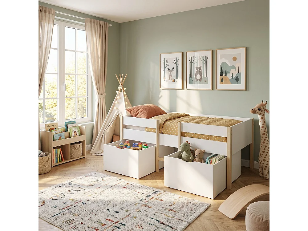 Lit mi-hauteur ZEPHIR 90x200 + 2 grands tiroirs + sommier / Blanc & vernis naturel