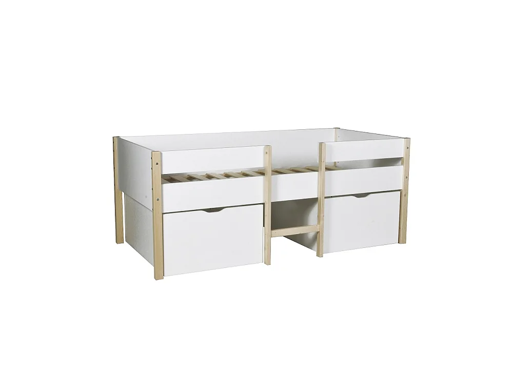 Lit mi-hauteur ZEPHIR 90x200 + 2 grands tiroirs + sommier / Blanc & vernis naturel