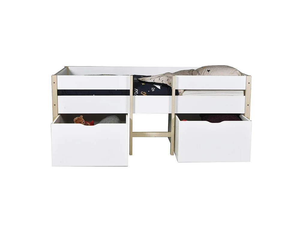 Lit mi-hauteur ZEPHIR 90x200 + 2 grands tiroirs + sommier / Blanc & vernis naturel