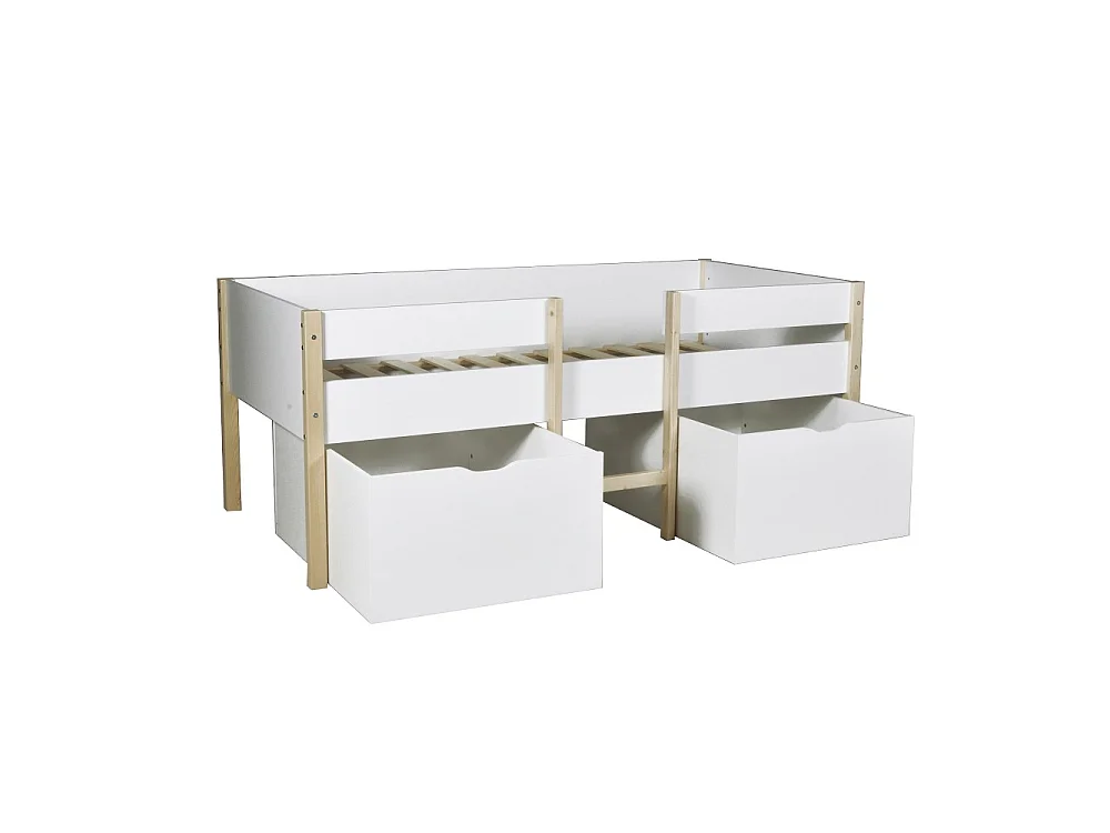 Lit mi-hauteur ZEPHIR 90x200 + 2 grands tiroirs + sommier / Blanc & vernis naturel