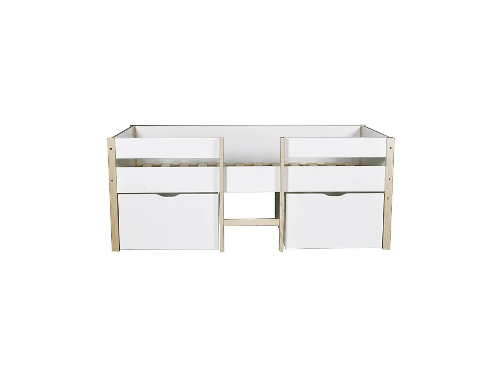Lit mi-hauteur ZEPHIR 90x200 + 2 grands tiroirs + sommier / Blanc & vernis naturel
