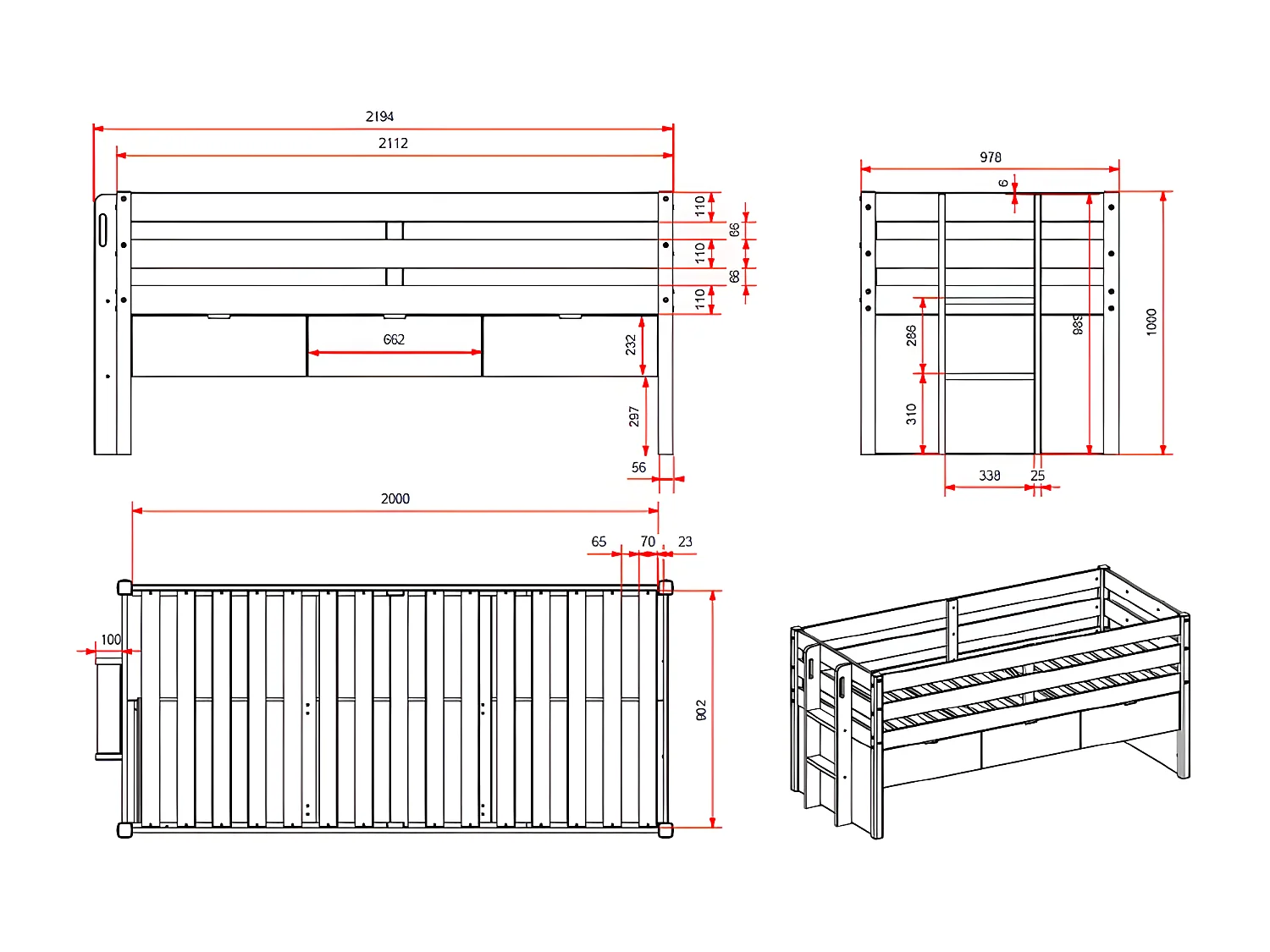 Lit Capitaine Enfant & 3 Tiroirs "Margrit" 90x200cm Blanc