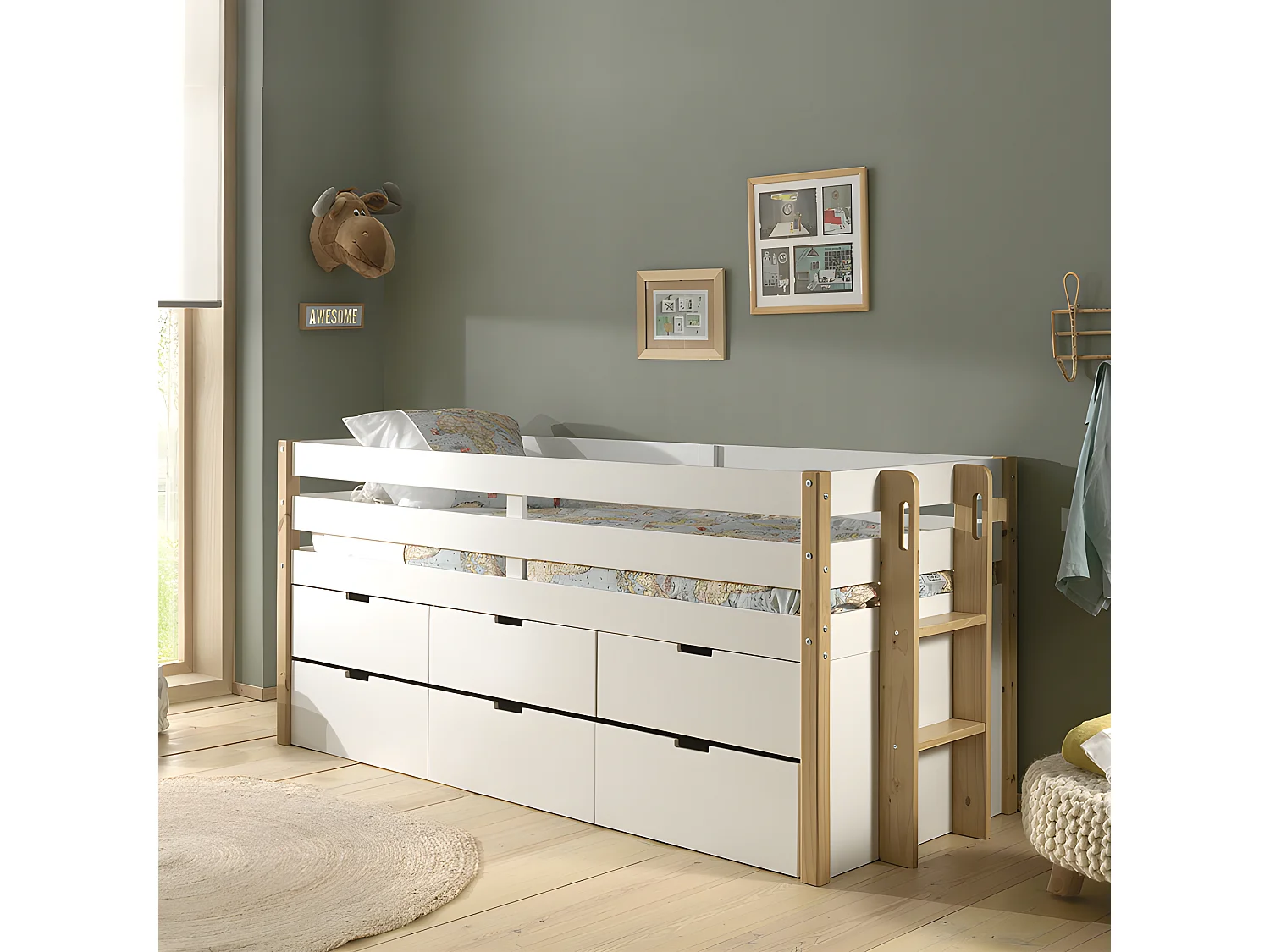 Lit Enfant Surélevé "Margrit" 90x200cm Blanc