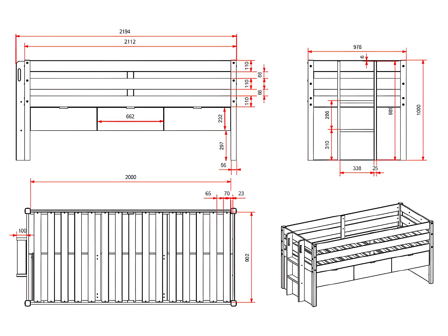Lit Enfant Surélevé "Margrit" 90x200cm Blanc