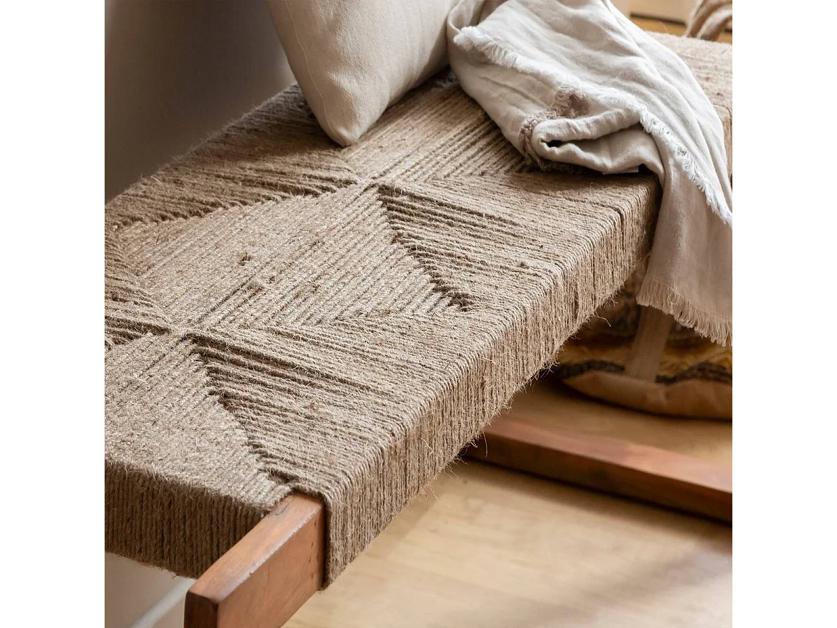 Banco de madera de acacia con asiento tejido Marietta - Con almacenamiento integrado - Estilo bohemio