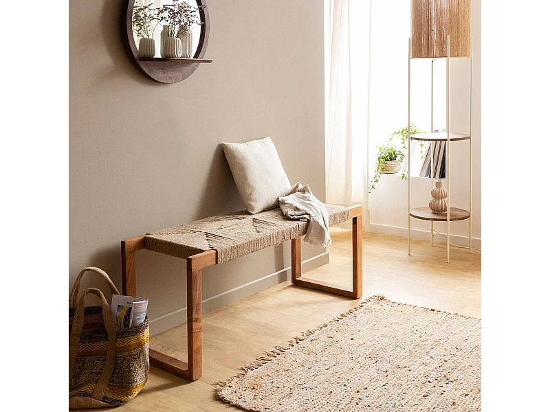 Banco de madera de acacia con asiento tejido Marietta - Con almacenamiento integrado - Estilo bohemio