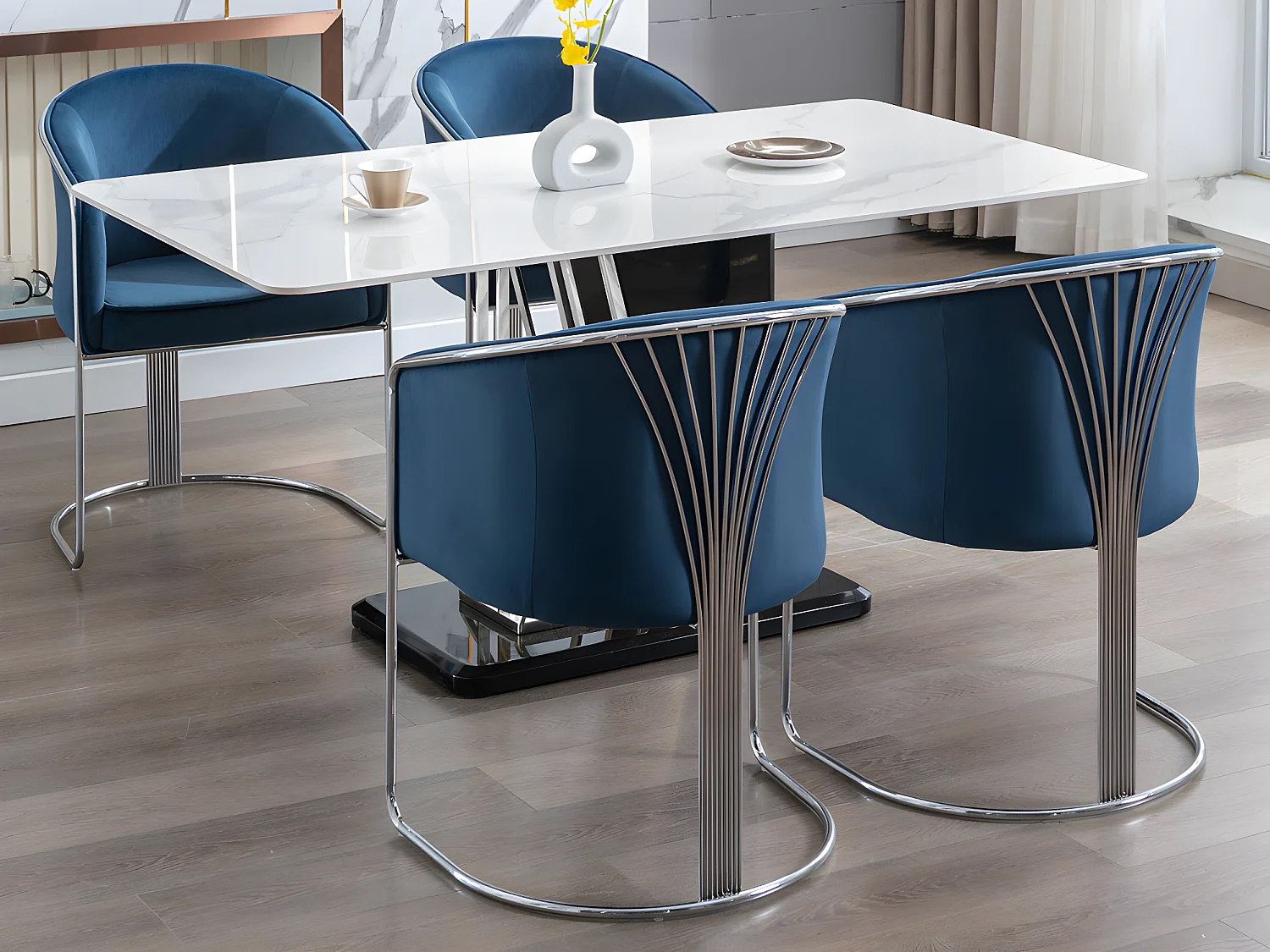 Lot de 2 chaises avec accoudoirs en velours et métal - Bleu et chromé - JOSETHE de Pascal MORABITO