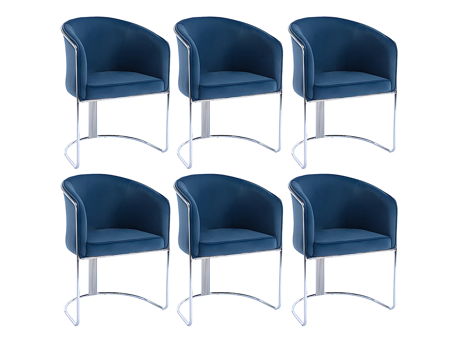 Lot de 6 chaises avec accoudoirs en velours et métal - Bleu et chromé - JOSETHE de Pascal MORABITO