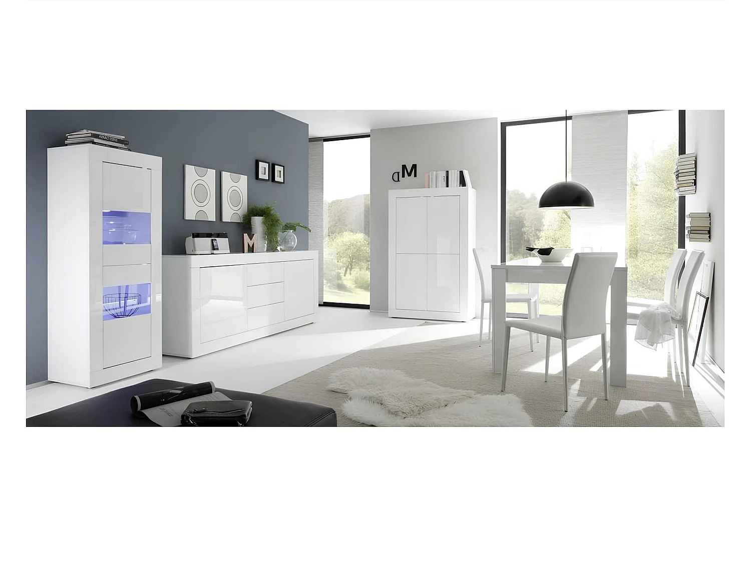 Salle à manger complète BASIC blanc laqué - Avec Vitrine