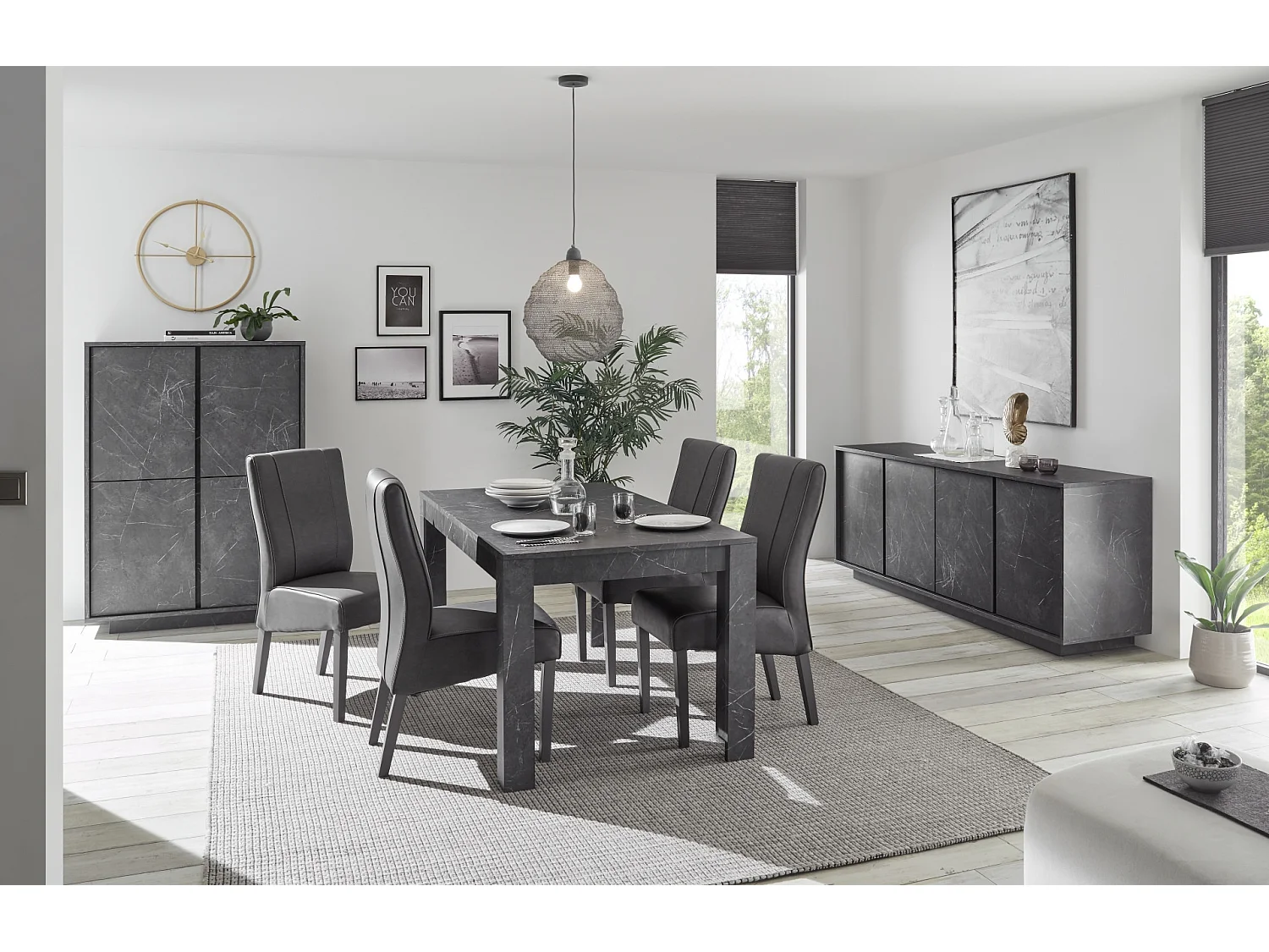 Salle à manger complète VISCONTE effet marbre noir - SANS Argentier