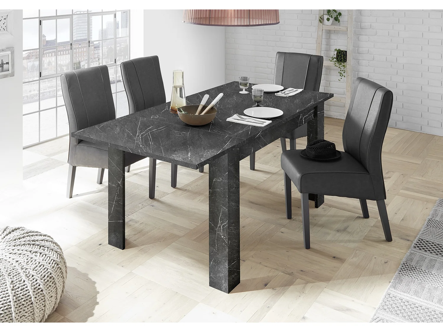 Salle à manger complète VISCONTE effet marbre noir - SANS Argentier