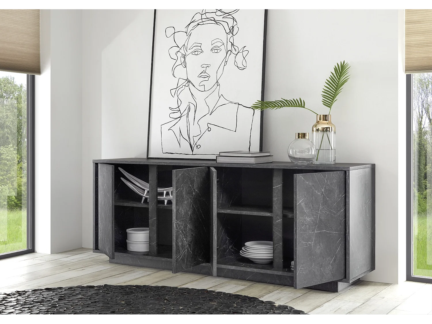 Salle à manger complète VISCONTE effet marbre noir - SANS Argentier