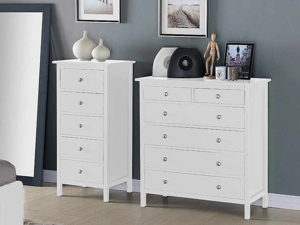 Hochkommode Landhaus mit 5 Schubladen - Stil Holz - Weiß - ALBANE