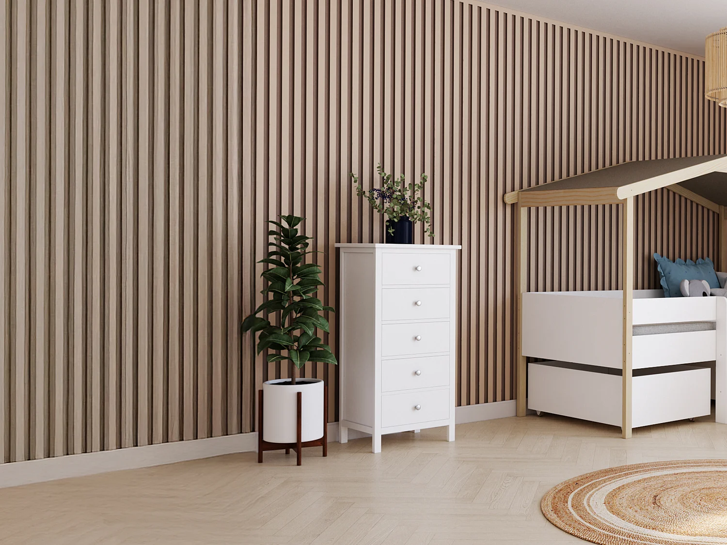 Hochkommode Landhaus mit 5 Schubladen - Stil Holz - Weiß - ALBANE