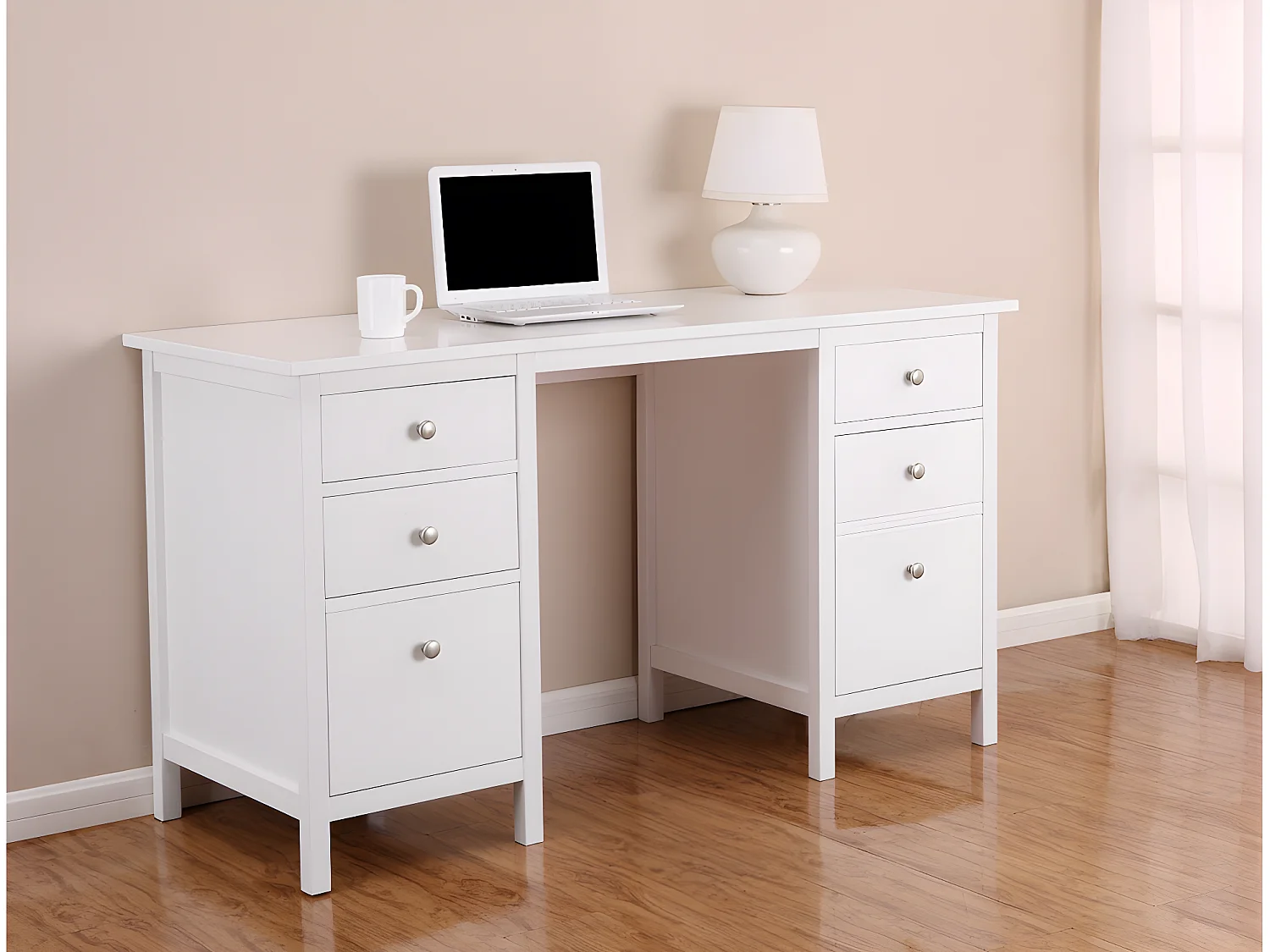 Biurko ALBANE - 4 szuflady - 1 szafka z drzwiczkami - Biała sosna