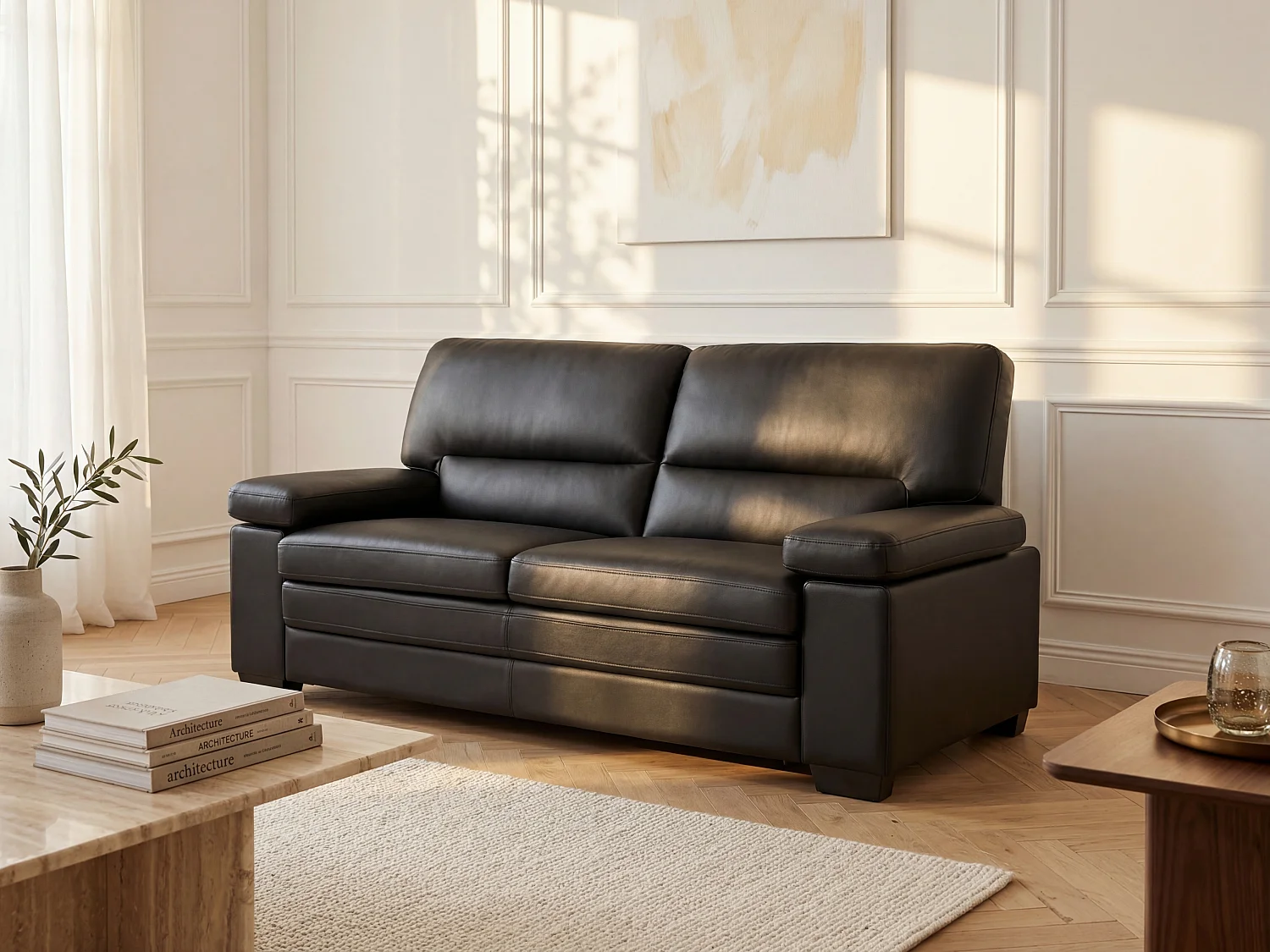 Sofá 3 plazas de piel de búfalo MIMAS - Negro