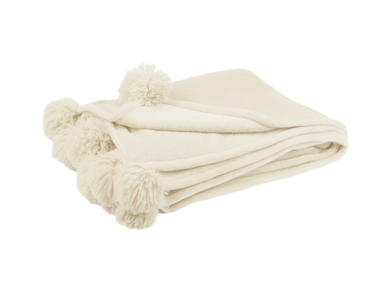 Plaid pompon polyester crème