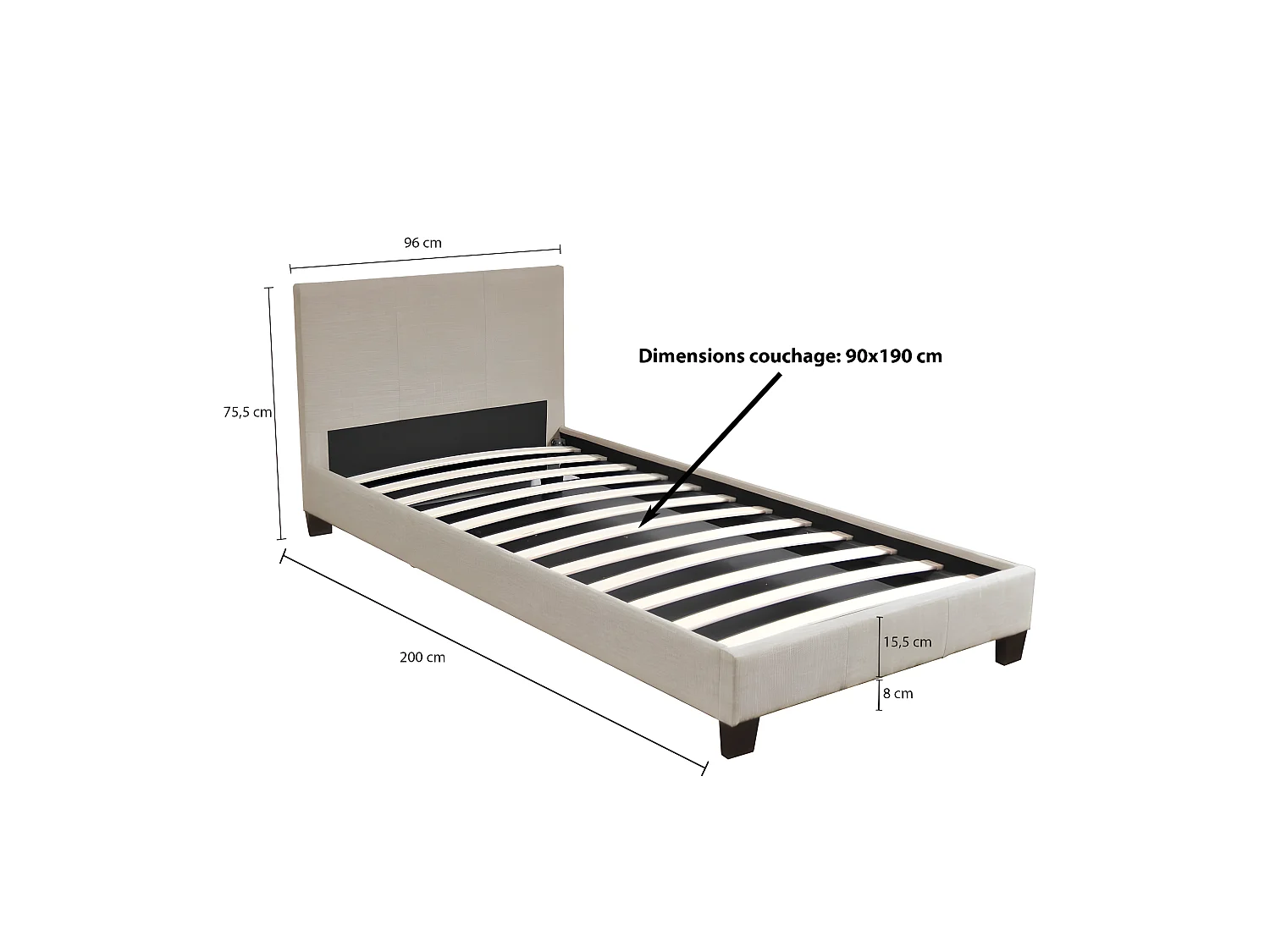 Lit DUBLIN 90x190 + 1 Sommier / Beige