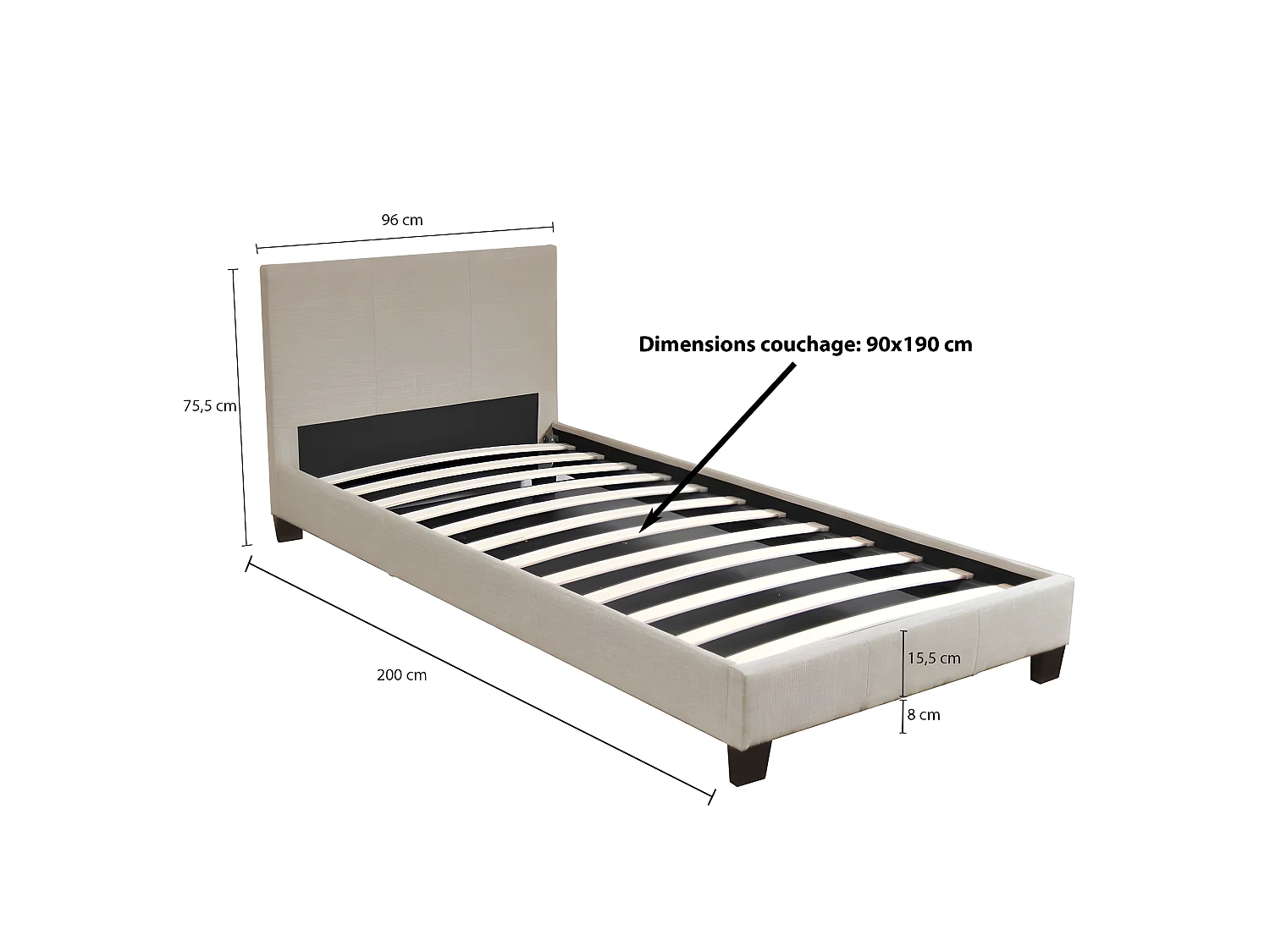 Lit DUBLIN 90x190 + 1 Sommier / Beige