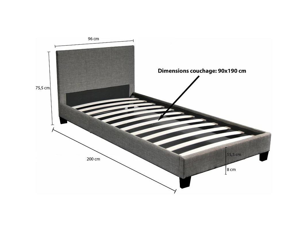 Lit DUBLIN 90x190 + 1 sommier / Gris foncé