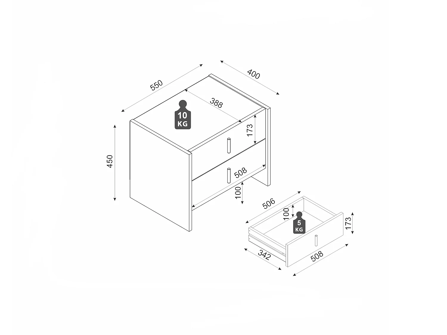 Nachttisch mit 2 Schubladen - Weiß - CADEBA