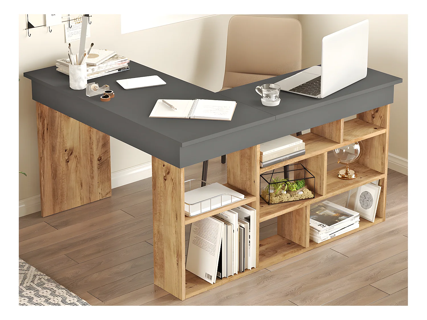 Scrivania angolare con scomparti Antracite e Naturale - LILEUL