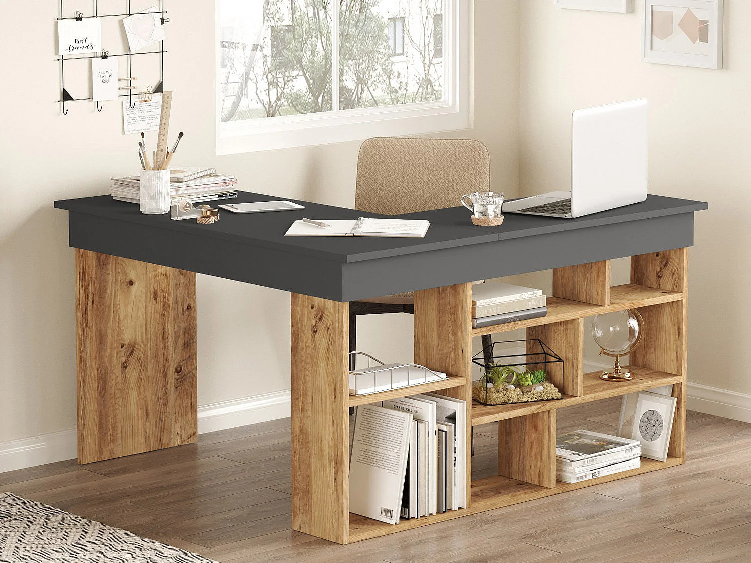 Bureau d'angle avec rangements - Coloris : Anthracite et naturel - LILEUL