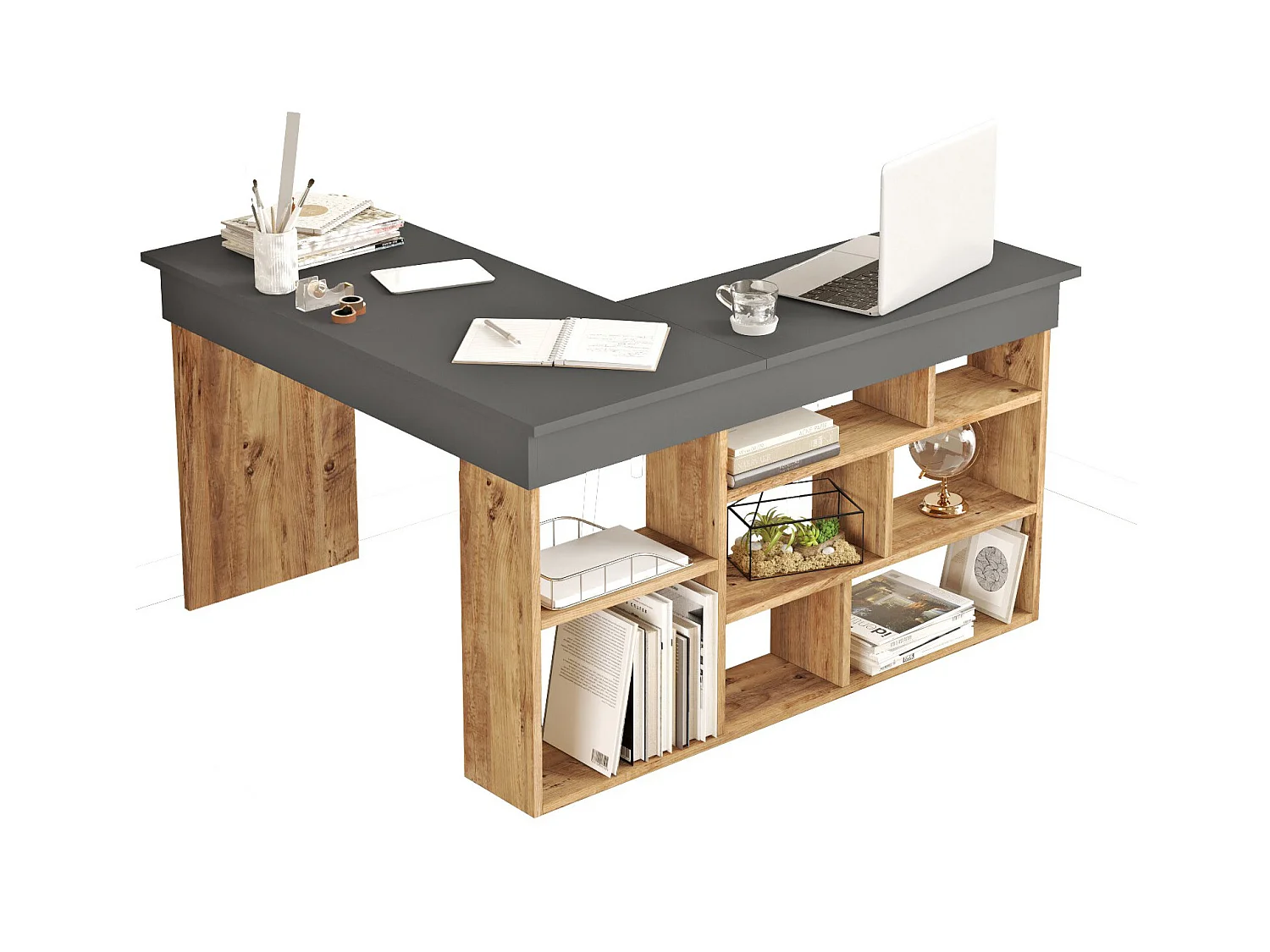 Escritorio rinconera con compartimentos - Color: antracita y natural - LILEUL