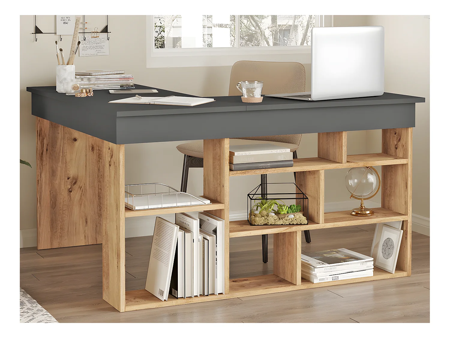 Escritorio rinconera con compartimentos - Color: antracita y natural - LILEUL