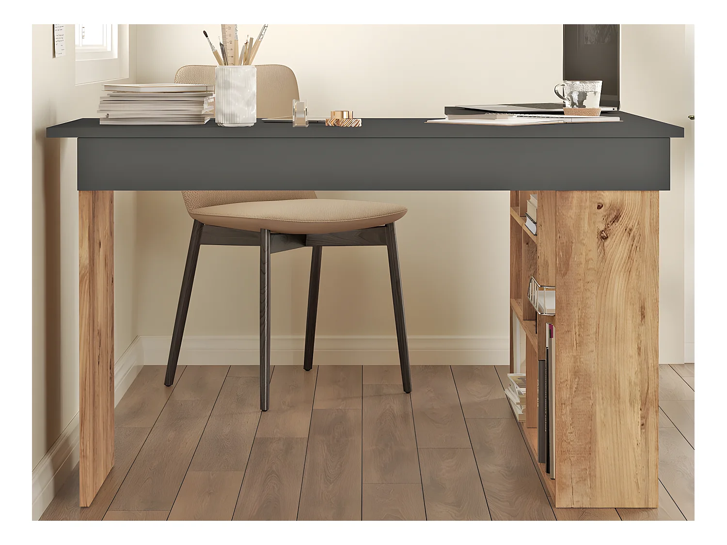 Escritorio rinconera con compartimentos - Color: antracita y natural - LILEUL