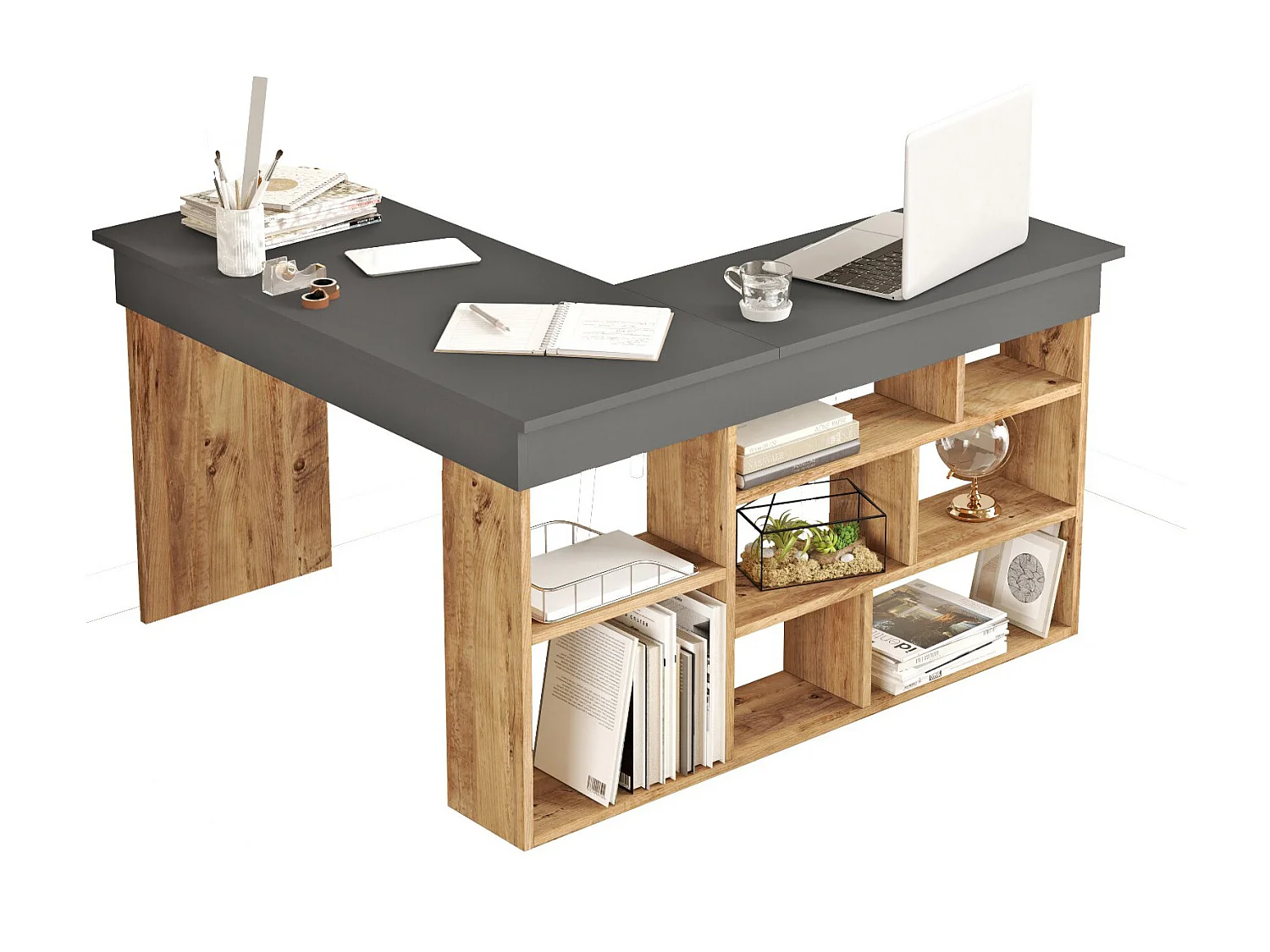 Eckschreibtisch mit Stauraum - Anthrazit & Holzfarben - LILEUL