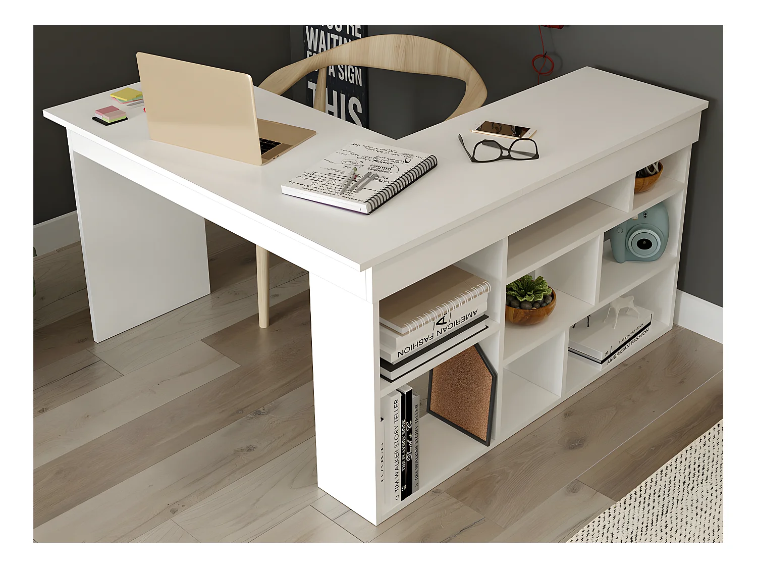 Escritorio rinconera con compartimentos - Color: blanco - LILEUL