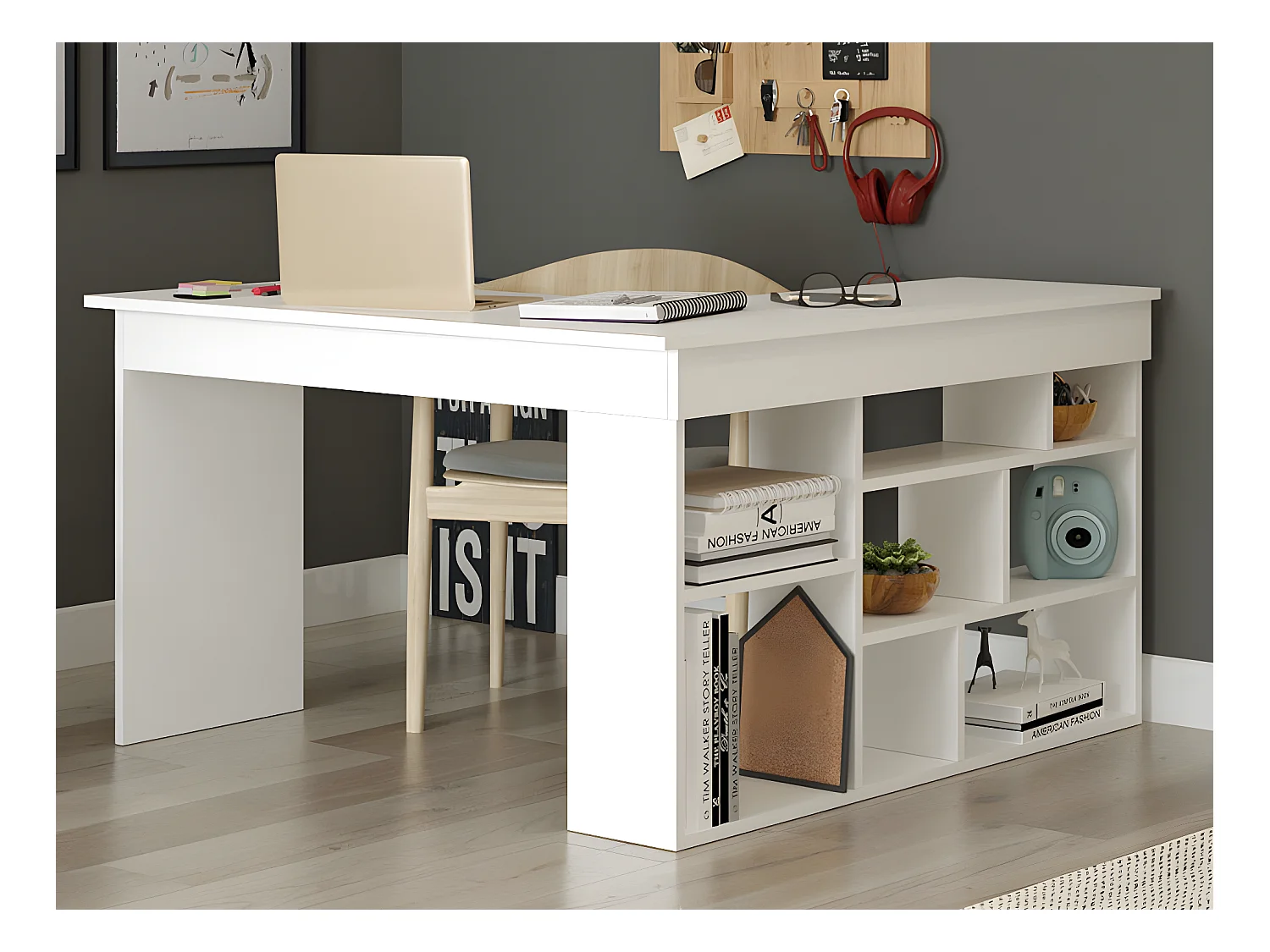 Escritorio rinconera con compartimentos - Color: blanco - LILEUL