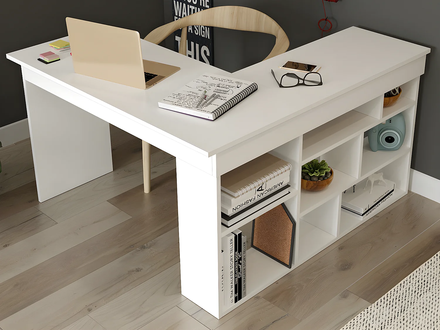 Bureau d'angle avec rangements - Coloris : Blanc - LILEUL