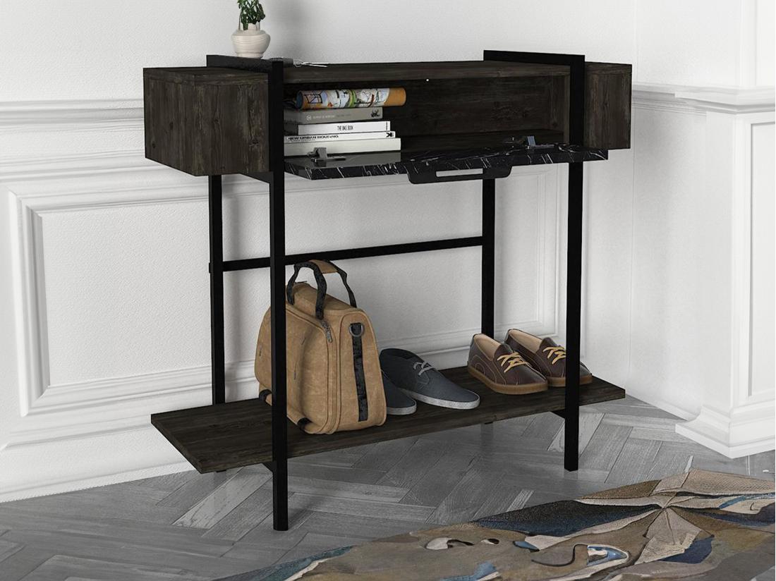 vente unique Console avec 1 porte et 1 étagère - Naturel foncé et effet marbre noir - CHENOA
