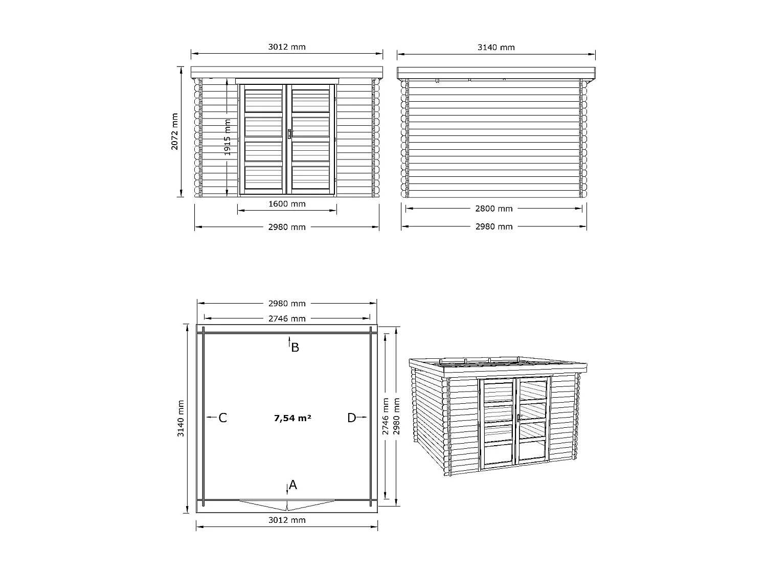 Abri de jardin en bois avec toit plat 9,86 m² épaisseur 28 mm - LOTAVI