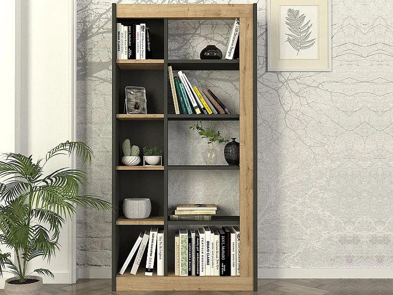Bibliothèque avec 10 niches - Naturel clair et anthracite - SILOMAI