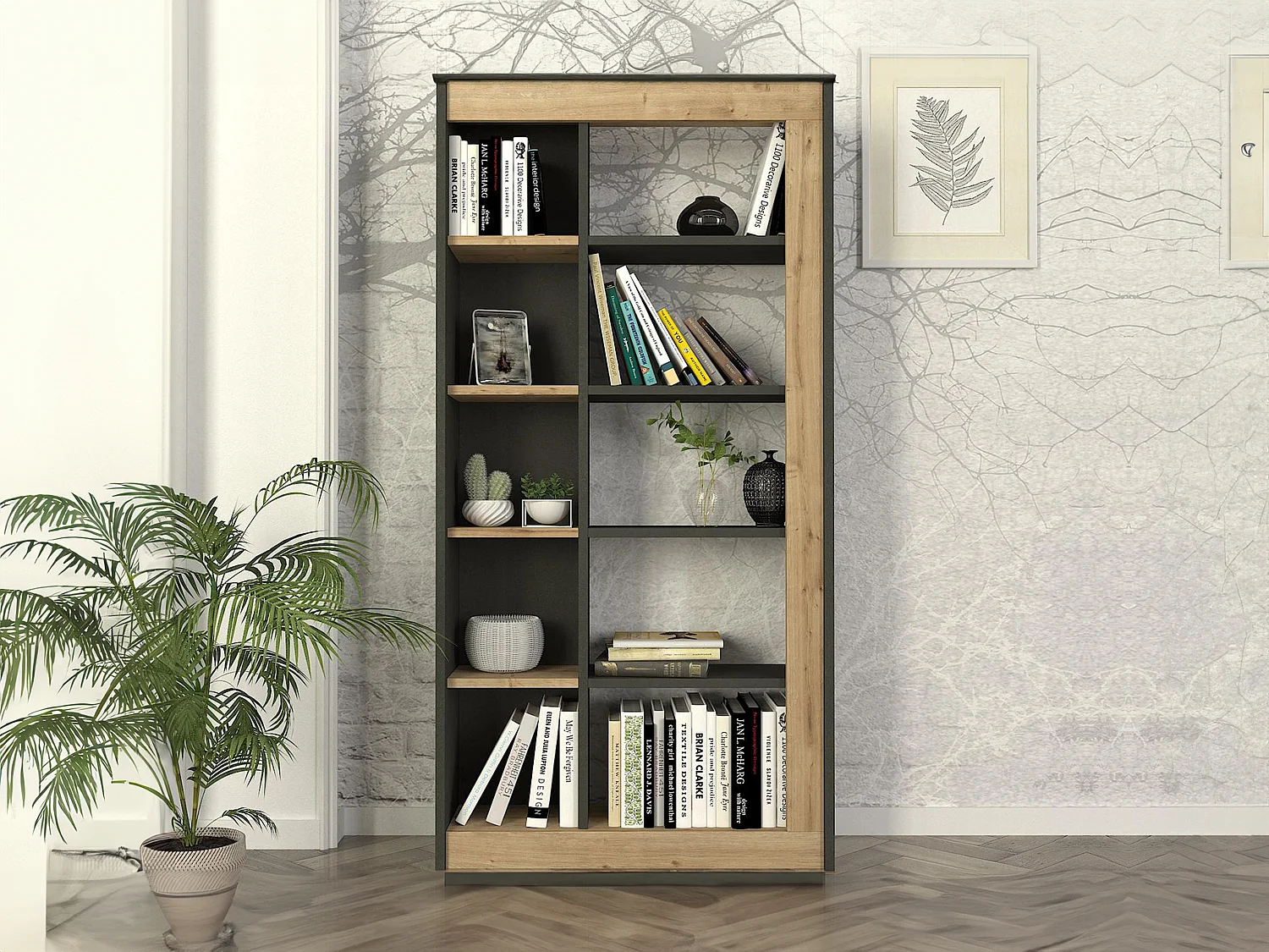 Bibliothèque avec 10 niches - Naturel clair et anthracite - SILOMAI