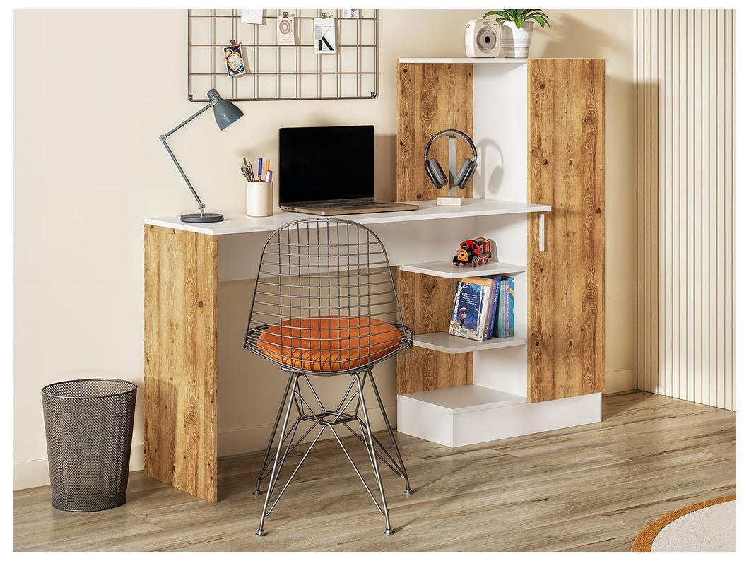 Bureau avec armoire de rangements - Coloris : Naturel et blanc - MILARIA