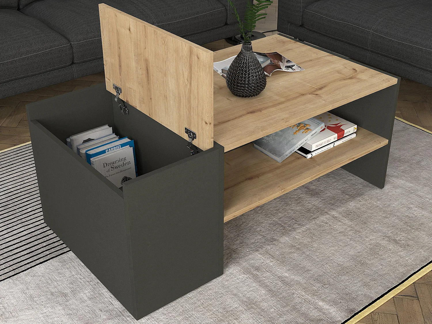 Table basse avec rangements - Anthracite et naturel - VELKAN