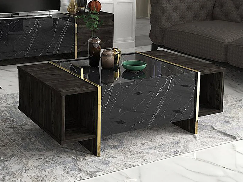 Table basse avec 1 porte et 2 niches - Effet marbre noir, naturel foncé et doré - CADEBA II