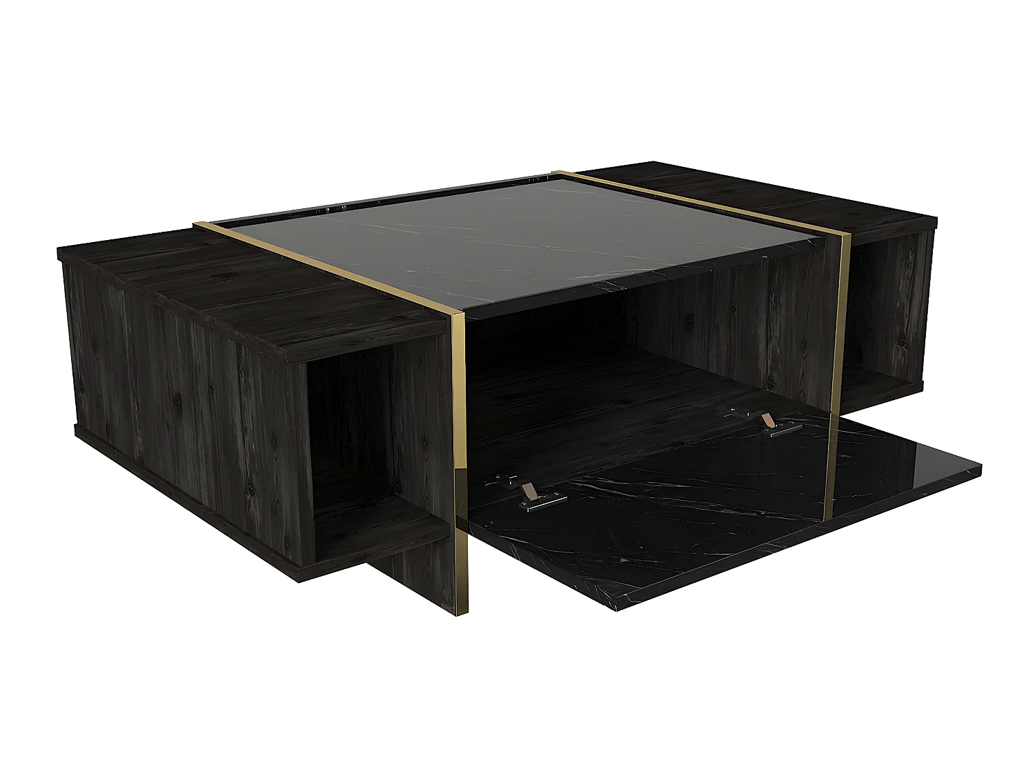 Mesa de centro com 1 porta e 2 nichos, efeito mármore preto, natural escuro e dourado - CADEBA II