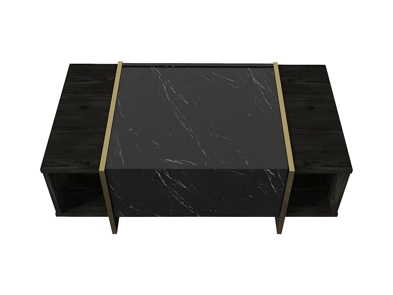 Mesa de centro com 1 porta e 2 nichos, efeito mármore preto, natural escuro e dourado - CADEBA II
